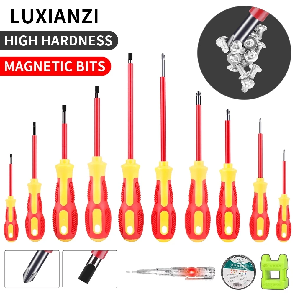 LUXIANZI 10Pc VDE Insulation Screwdriver Magnetic Bit Home Electronic Repair Hand Tool Precision Slotted Phillips Screw Driver