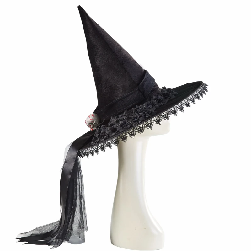 Halloween Schedel Heksenhoed Met Zwarte Rozen Sluier Lint Mannen Vrouwen Feest Hoofdtooi Gotische Cosplay Rekwisieten Decors