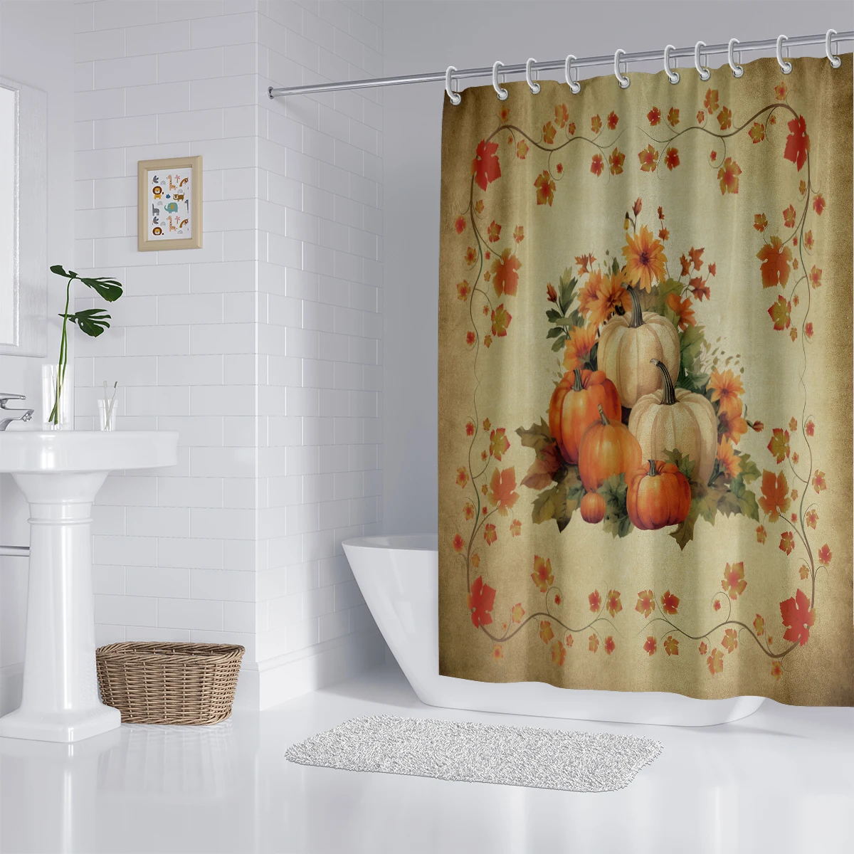 Thanksgiving Pumpkin Print Shower Curtain, Vintage Style Autumn Leaves Pattern Bathroom Decor with 12 Hooks