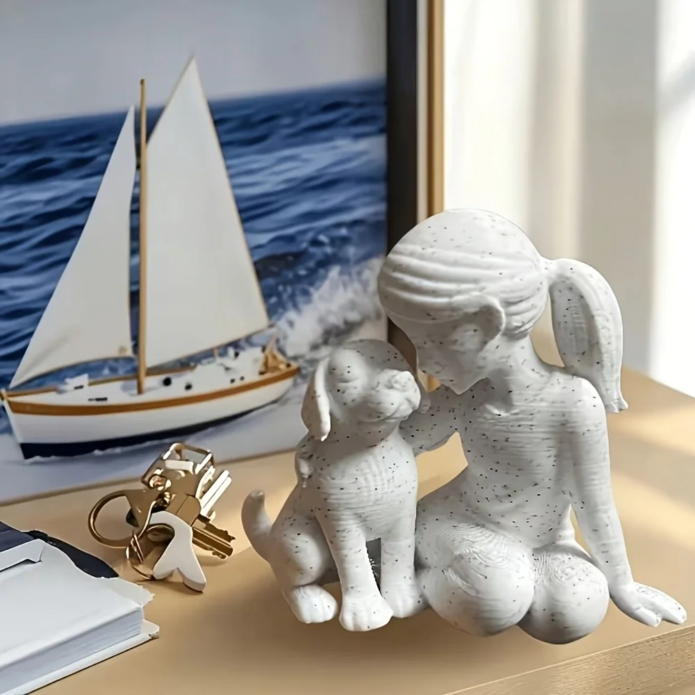 Escultura de una niña y su cachorro, decoración adorable de niña y cachorro, adecuada para sala de estar, oficina, regalo conmemorativo de mascotas