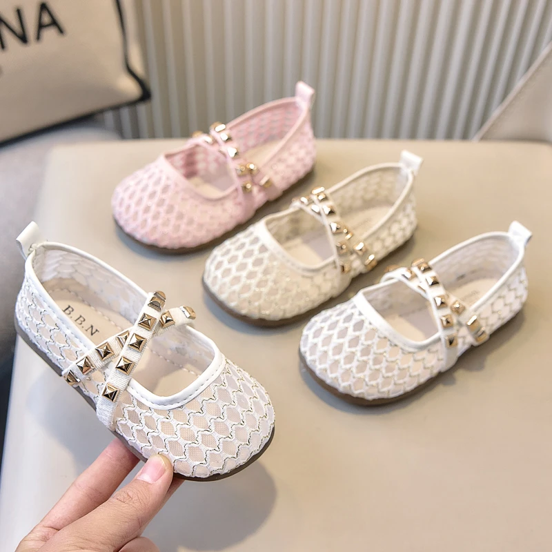 Girls Mary Jane Shoes Breathable Mesh Rivet Decor Children Flats Casual Shoes Kids Summer Princess Shoes Spring Summer New