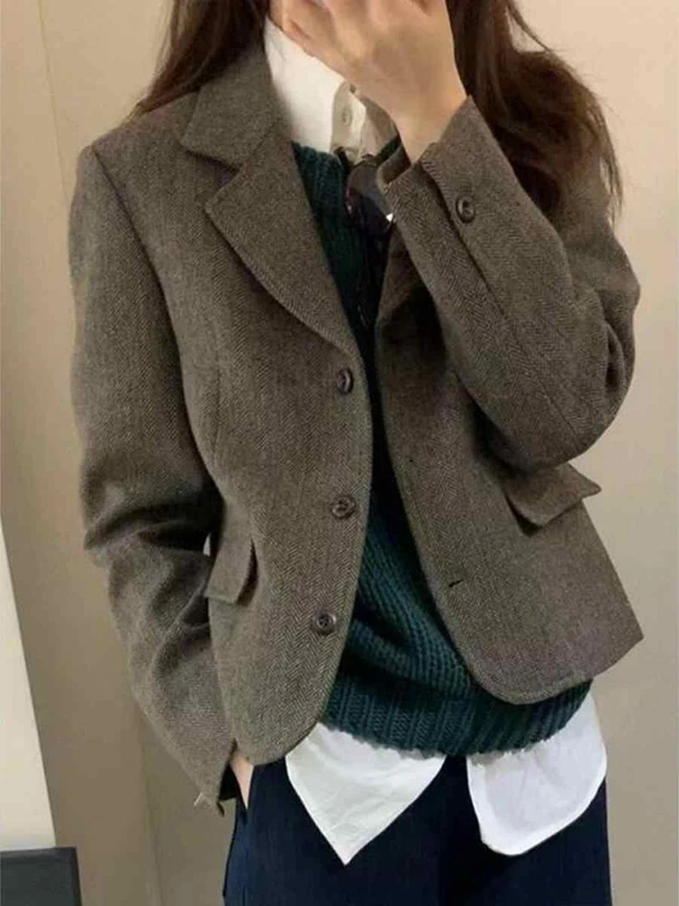 الكورية خمر اقتصاص الحلل المرأة زر طويلة الأكمام أنيقة مكتب سيدة البدلة سترة الإناث الصلبة بسيطة عارضة الرجعية أبلى #4