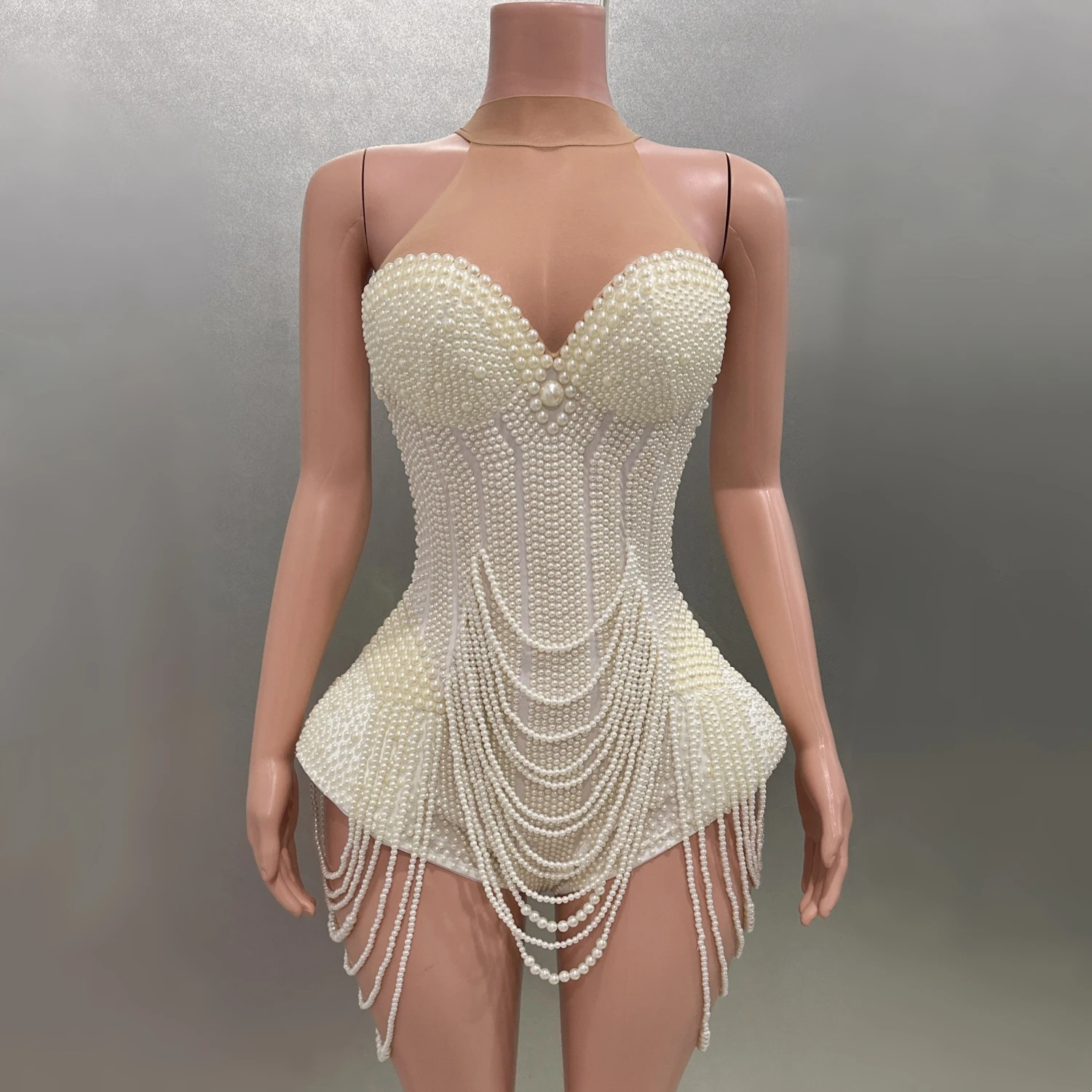 Luxury Pearls Beading Sexy Halter Backless Bodysuit Evening Party Performance Costume Bar Nightclub Singer Dancer Stage Wear