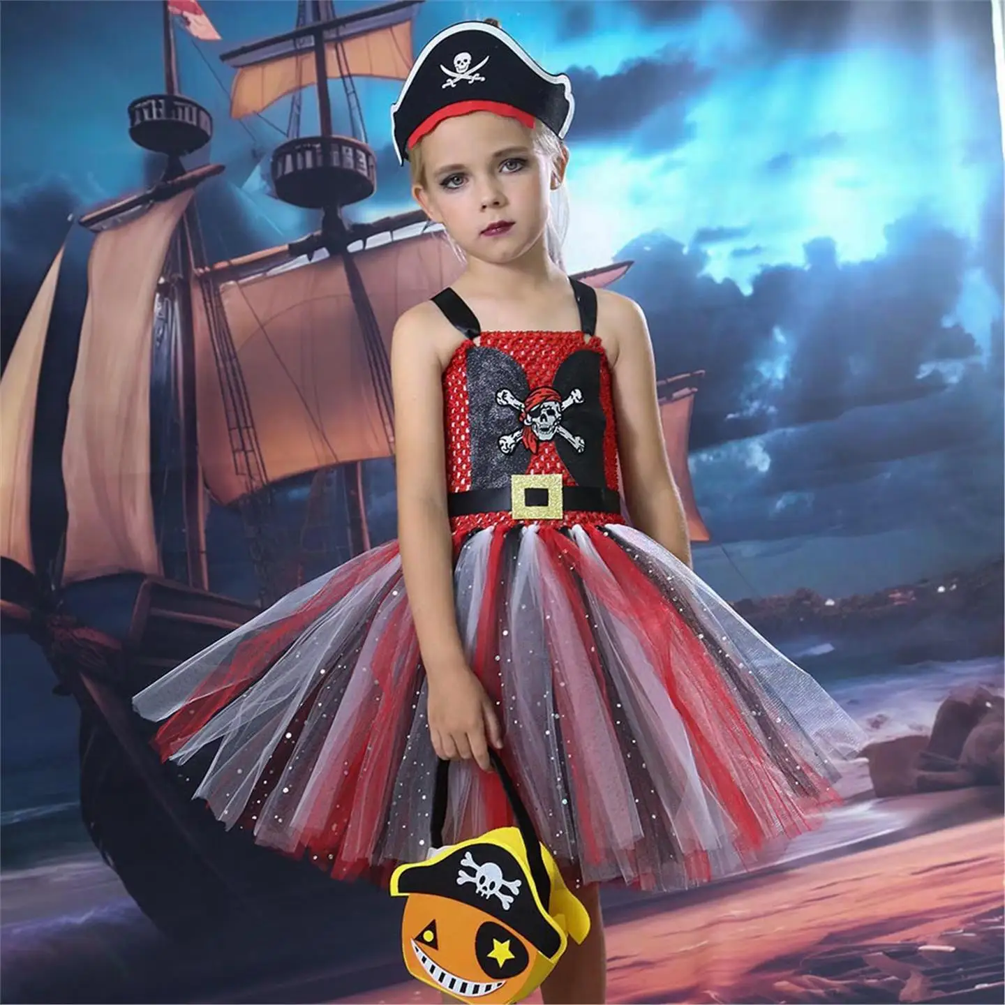 Caribische Piraat Prinses Rok voor Meisjes Halloween Skelet Hoofd Tutu Rok Kindermaskerade Dans Cosplay Kostuum