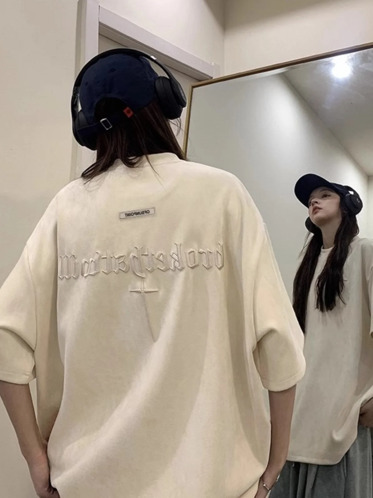 Retro American Short Sleeve T-Shirt Women's Embroidered Heavyweight Trendy Brand Oversize Loose Suede Luxury Top