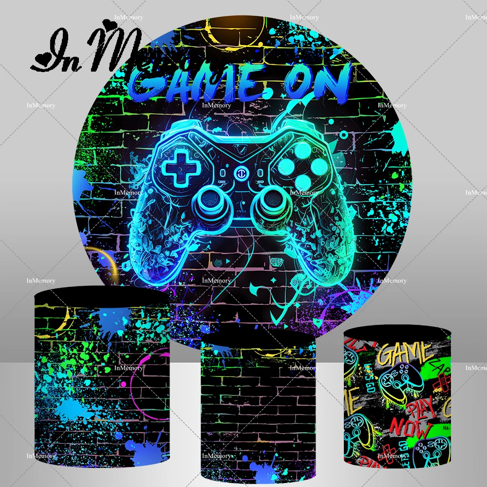 Game On Round Backdrop Video Game for Level Up Birthday Party Decoration Video Game Birthday Background Game Night Arcade Neon