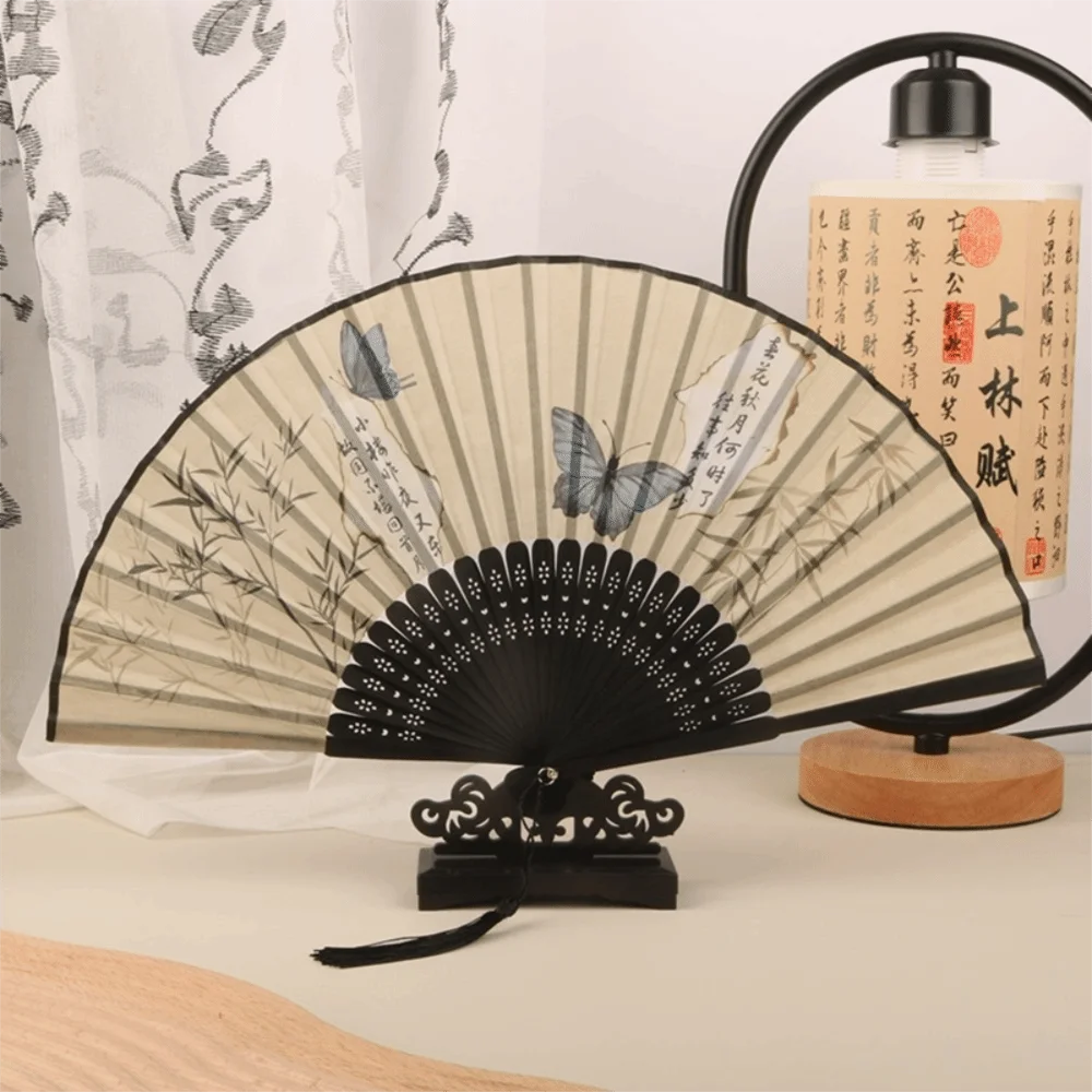 Silk Material Vintage Silk Folding Fan Folding Vintage Hand Fan Craft Bamboo Frame Classical Chinese Fan Dance Performance