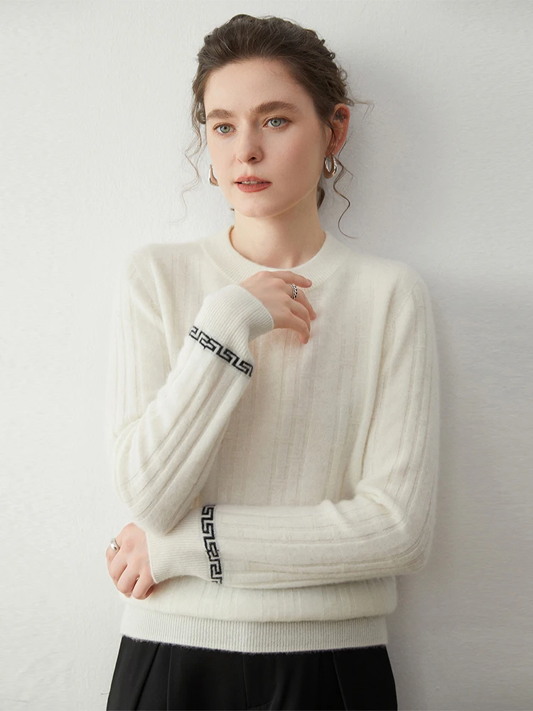 Elegant Sweater Women's 100% Cashmere Sweater Pullover Autumn Winter Clothing O-Neck Pullover Chic Warm Knit Cozy Bamboo Texture