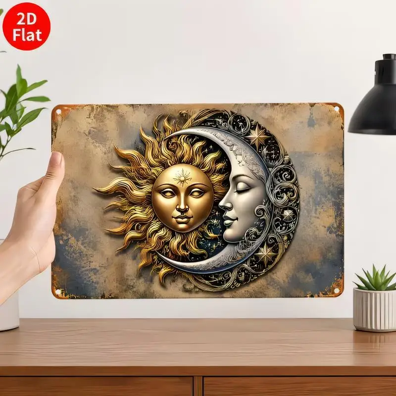 Sun & Moon Vintage Metal Tin Sign - Retro Boho Wall Art (Golden Sun, Silver Moon) | Iron, for Bedroom, Living Room, Bohemian Dec