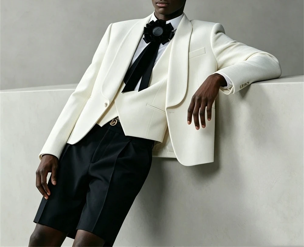 High End 3-Piece Men's Suit Set, White Jacket Vest with Black Short Pants, Customized Stage Performance Suits Tuxedo