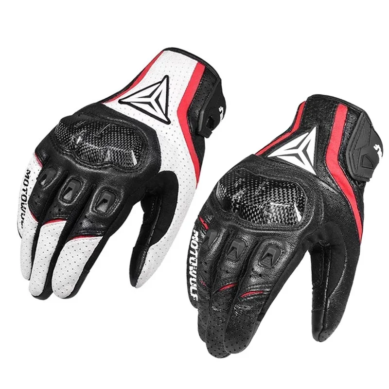 Genuine Leather Motorcycle Gloves Full Finger Carbon Fiber Knuckle Protection Breathable Touch Screen Motorbike Riding Items
