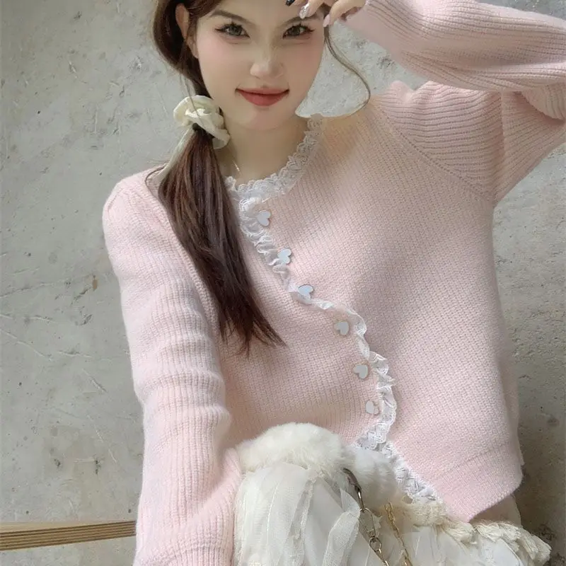 Korean Irregular Lace Patchwork Knitting Cardigan Coat Women Autumn Sweet All-match Sweater O-neck Solid Color Knitwear Tops