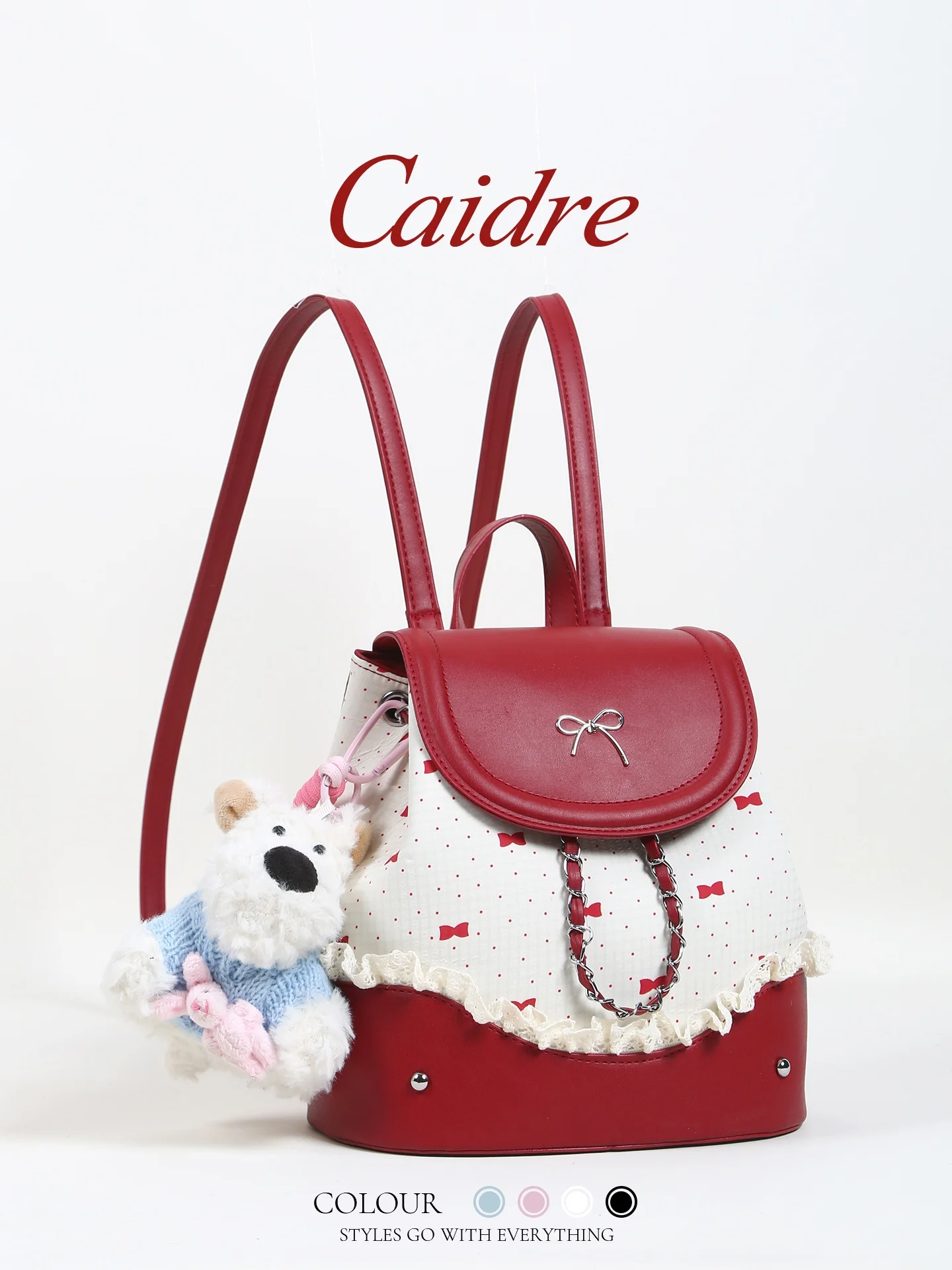 

Caidre Red Double Shoulder Backpack for Women Commute Knot Doggie Bag Soft Casual Style Bucket Shape Backpack
