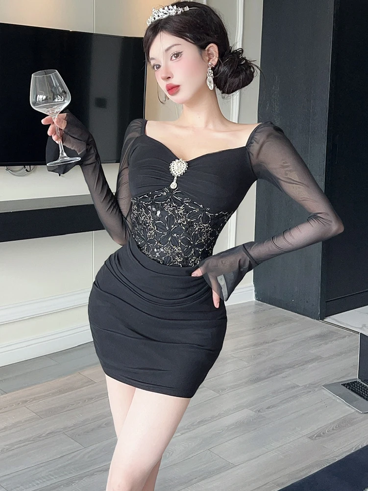 Vestido Sexy de malla negra con diamantes de Jacquard para mujer, Vestido corto ajustado Vintage coreano 2025, vestidos elegantes de cumpleaños para Otoño e Invierno