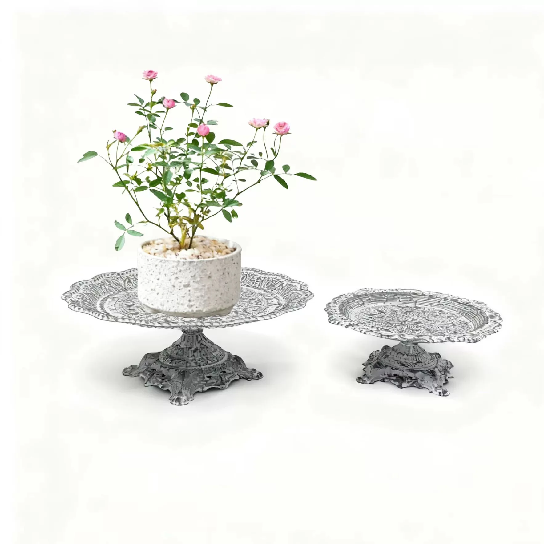 Decorative Cake Stand Set, Distressed Antique Gray Metal with Ornate Filigree Design, 2 Piece Pedestal Serving Trays, 25cm and 2