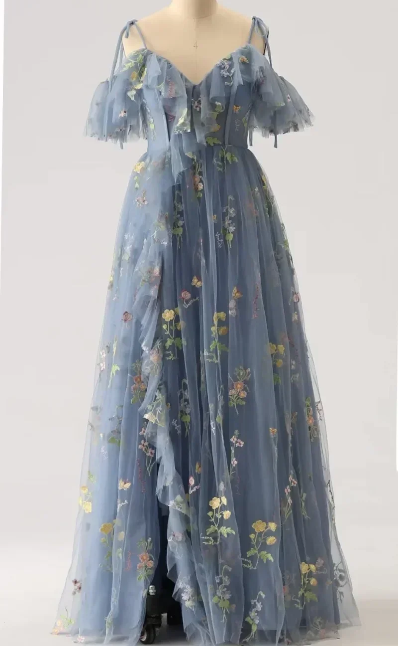 Customized Exquisite Sling Floral Prom Robe Backless Cross Lace Up Sweet Embroidery Evening Dresses Elegant Ruffles Mesh Long Ve