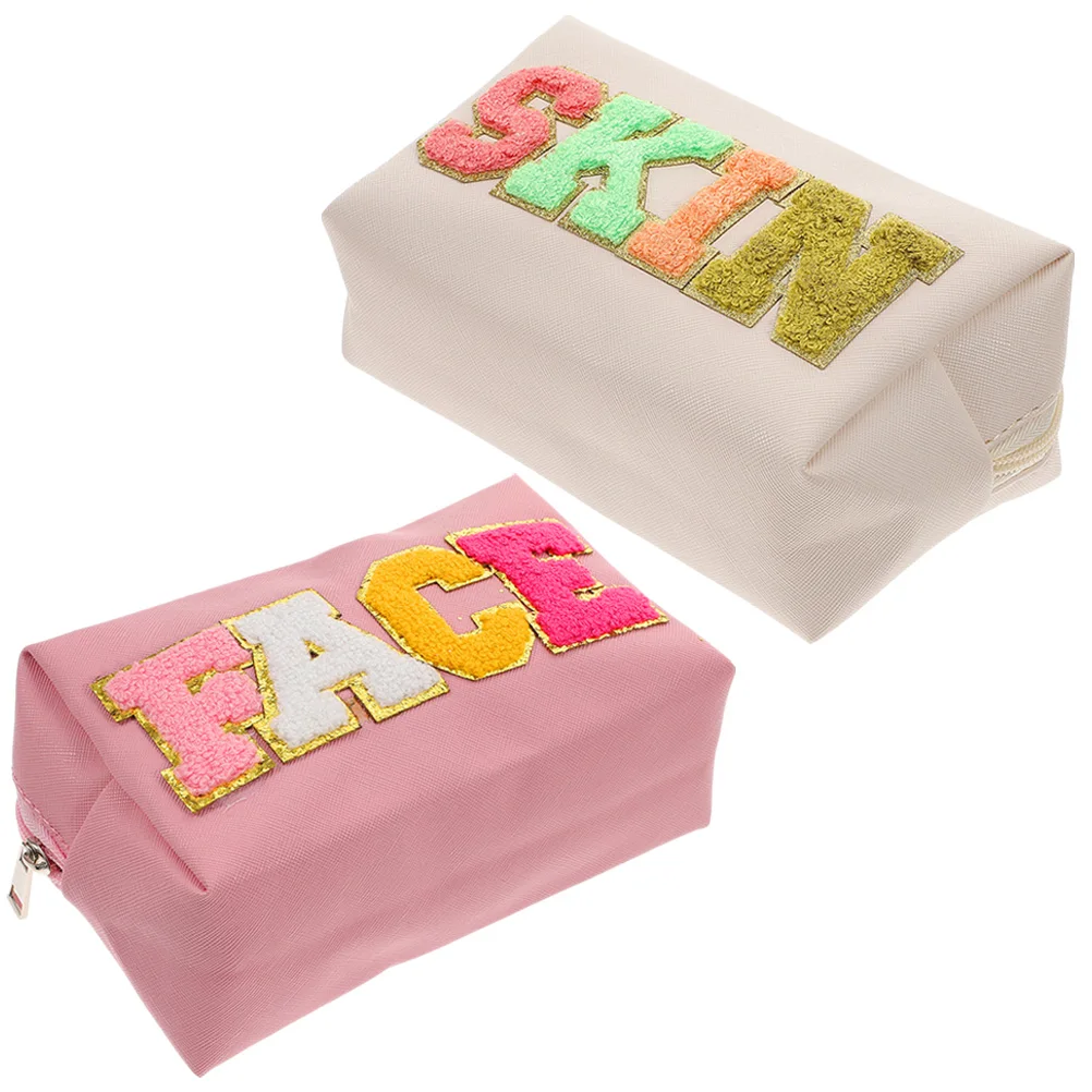 

2 шт., сумка с вышивкой букв, розовая + бежевая сумка для макияжа, дорожный органайзер для туалетных принадлежностей, большая емкость для хранения