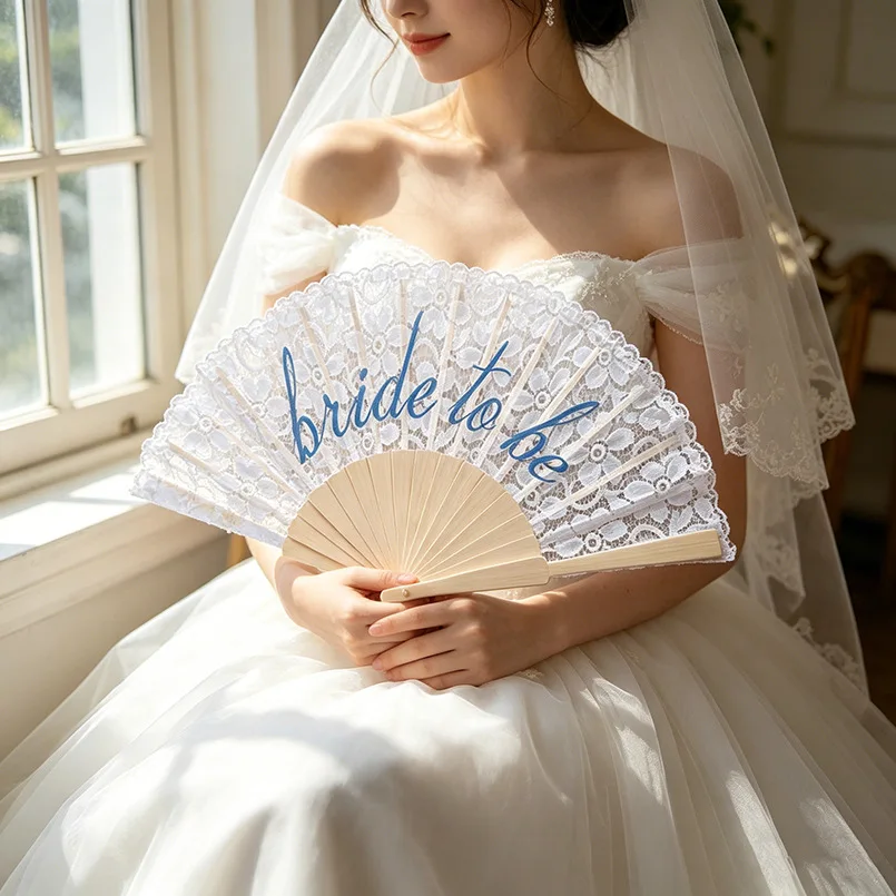 Bride to Be White Lace Folding Hand Fan | White lace fan with wooden ribs and 'Bride To Be' script for bachelorette parties
