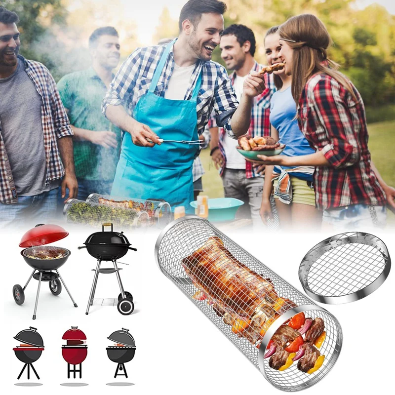 Portable Rolling Grilling Basket BBQ Net Tube Stainless Steel BBQ Cylinder Suitable For All Kinds Of Vegetables French