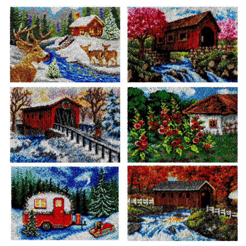 latch hook kits rug Christmas scenery hut deer swan for adults cross stitch plastic canvas Carabiner Hook Grid Carpet knit hooks