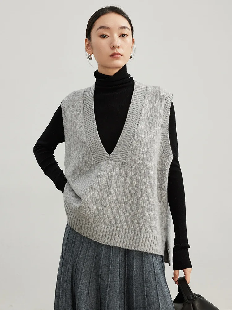 Winsleter-Maglione gilet elegante in lana al 100%, scollo a V profondo solido, gilet in maglia allentata per pendolari alla moda da donna, autunno 2025 nuovo T59439CC