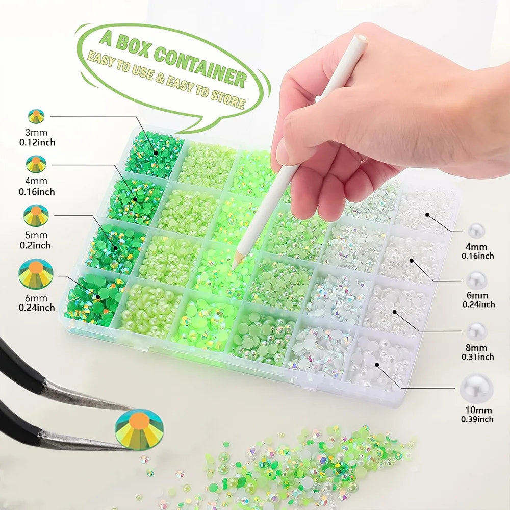 12000 Uds. Diamantes de imitación de perlas con parte posterior plana verde, diamantes de imitación de resina para manualidades, zapatos, uñas, arte facial con crayón de pinza