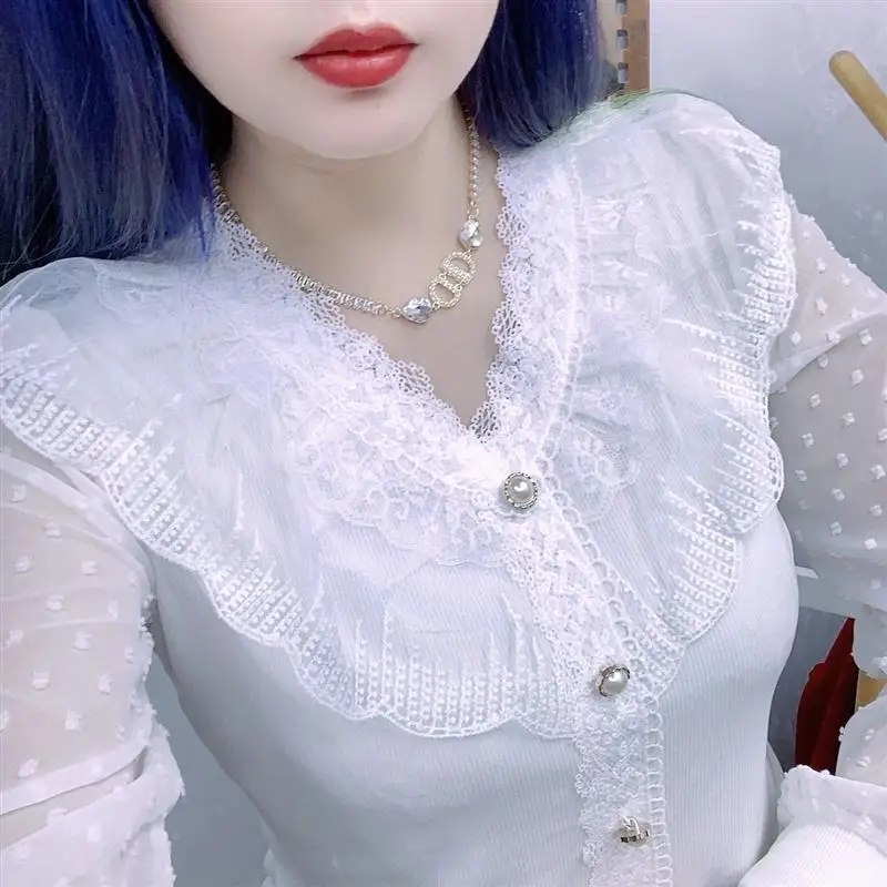 Frühling Herbst Langarm V-Ausschnitt Damen Spitzenkleid mit Großen Blumen Holzohr-Design Übergröße Mutterkleidung Größe M