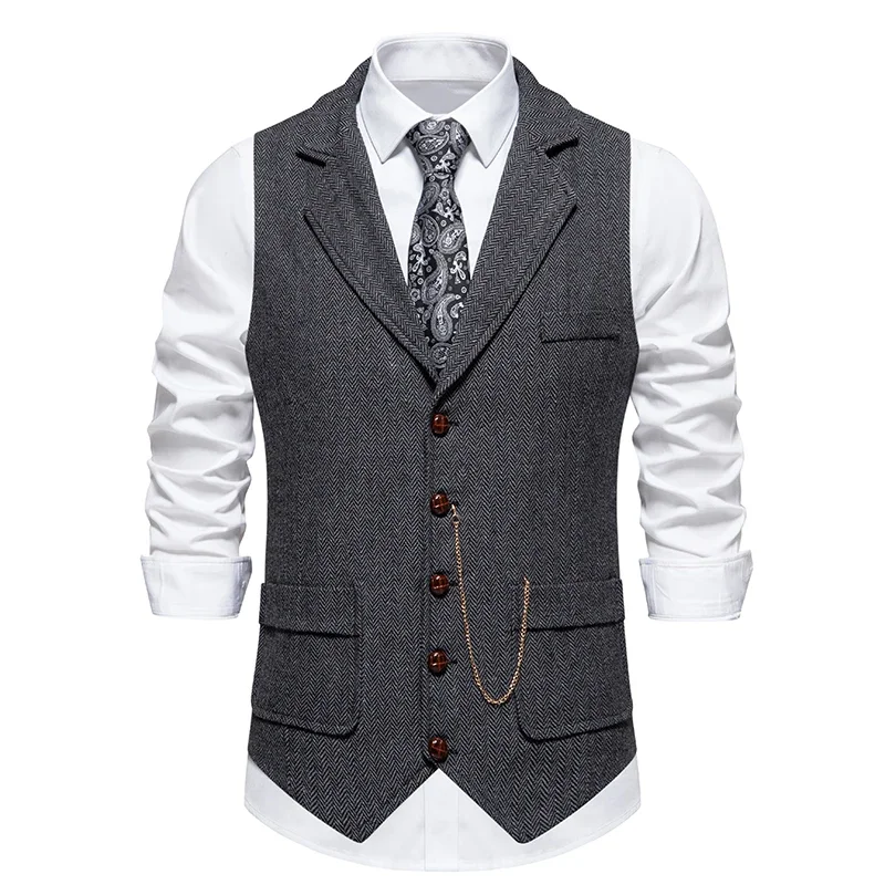 

Men's Retro Lapel Chain Vest Fashion Herringbone Coarse Tweed Pockets Suit Vest British Casual Vintage Gentleman Leisure Party