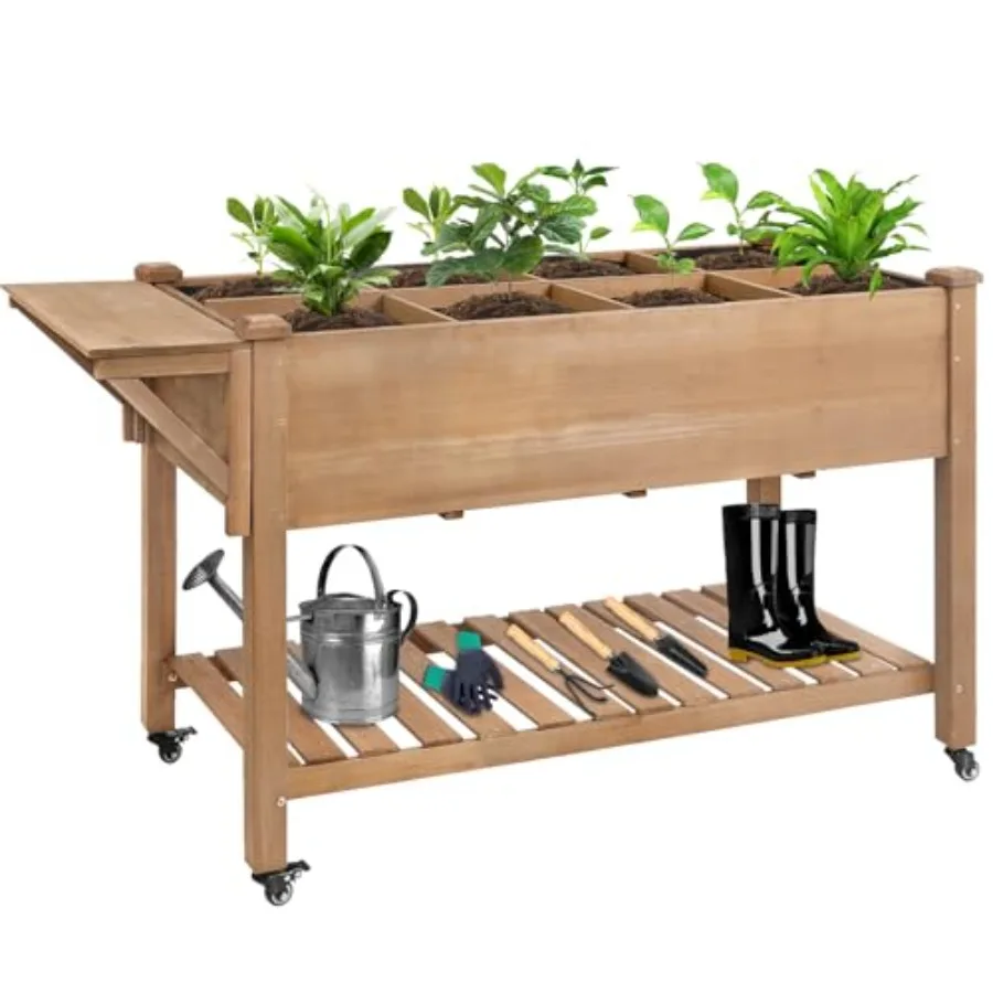 Raised Garden Bed with Lockable Wheels Mobile Elevated Wood Planter, Storage Shelf, Protective Liner, 55.5x24x32in Brown