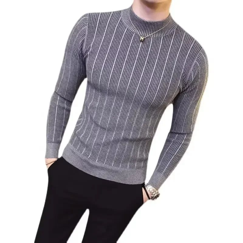 Pullover Men's Sweaters 2025 Korean Casual Striped Solid Sweater Men Half High Collar Stretch Tight Sweater Slim Fit Knit Tops