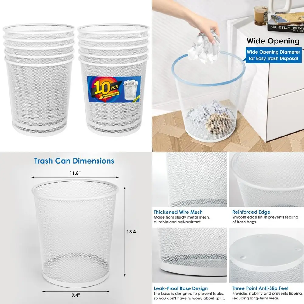 

Mesh Wastebaskets 10-Pack, 6 Gallon Capacity, Open Metal Wire Design for Office, Suitable for Deskside and Breakroom Use