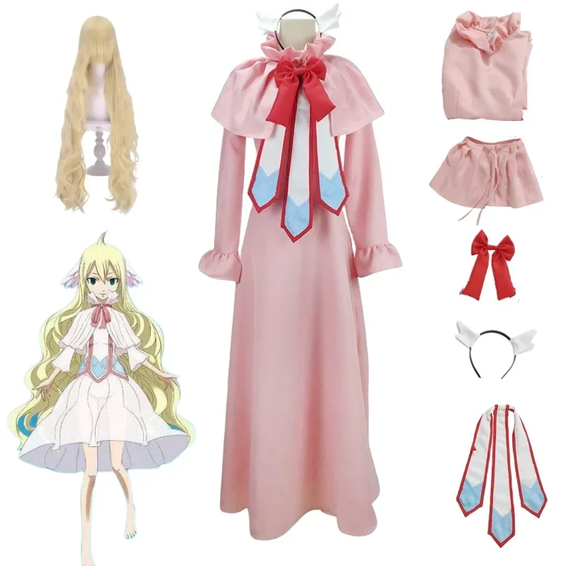 Anime Fairy Tail Cosplay Mavis Vermilion Costume Wig Pink Dress Full set First Guild Master Skirt Halloween Party Costume