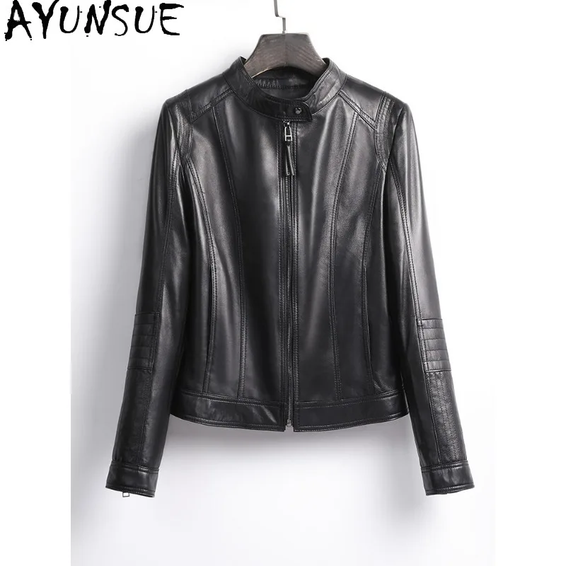 AYUNSUE Women's Sheepskin Jackets Short Stand Collar Black Outerwears Motorcycle Style Real Leather Jacket Woman Clothes Jaqueta