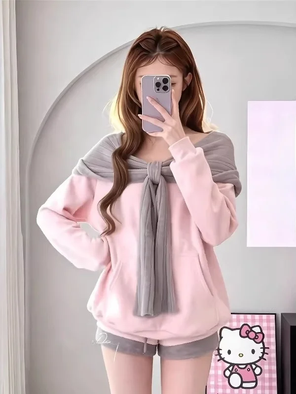 

plus Size oulder Bared Hoodie Women's Loose Long Sve Autumn Winter Knot Design Slimming Casual Faion Top