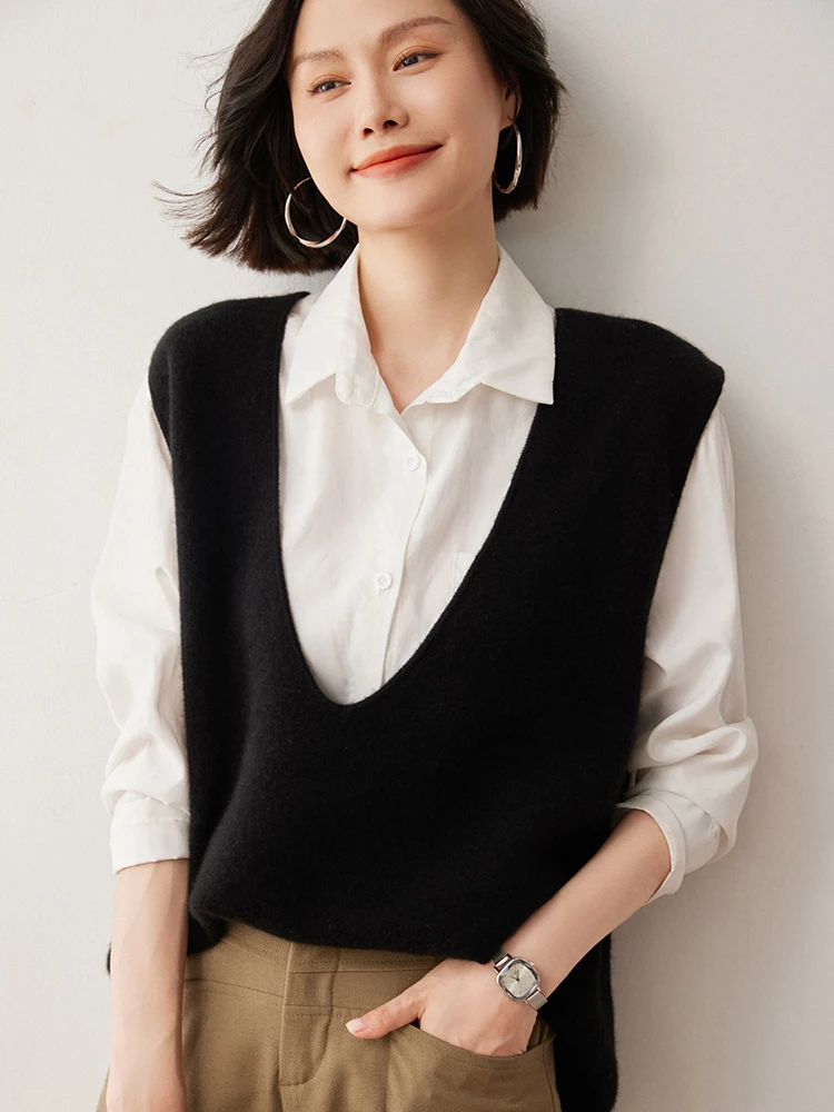 

Versatile Women Sweater Waistcoat Clothing Autumn Winter Sweater Vest 100% Cashmere Deep V-Neck Sleeveless Layer Vest Loose Knit