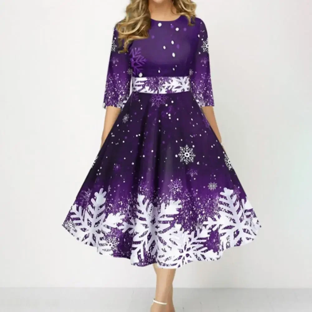 

HOT SALES！New Arrival O-Neck 3/4 Sleeves Waist Tight High-Waist Christmas Dress Xmas Snowflake Print Large Hem A-Line Midi Dress