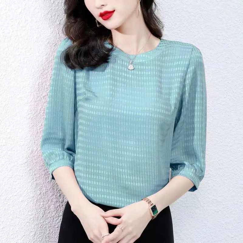 Elegante blusa monocromática de chiffon feminina, dobra com tudo, pulôveres casuais extragrandes, camisa de senhora do escritório, roupas de verão,