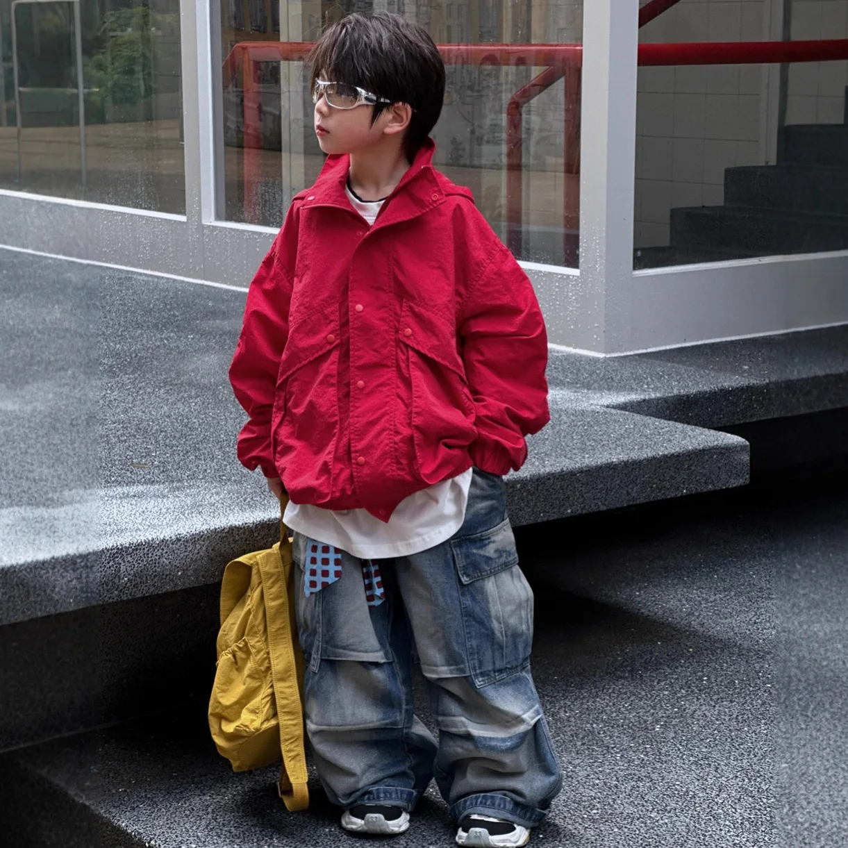 

Boys 2025 Autumn New Cargo Trench Coat Korean Fashion Casual Daily Solid Color Hooded Zipper Coat Red Windbreak Jacket