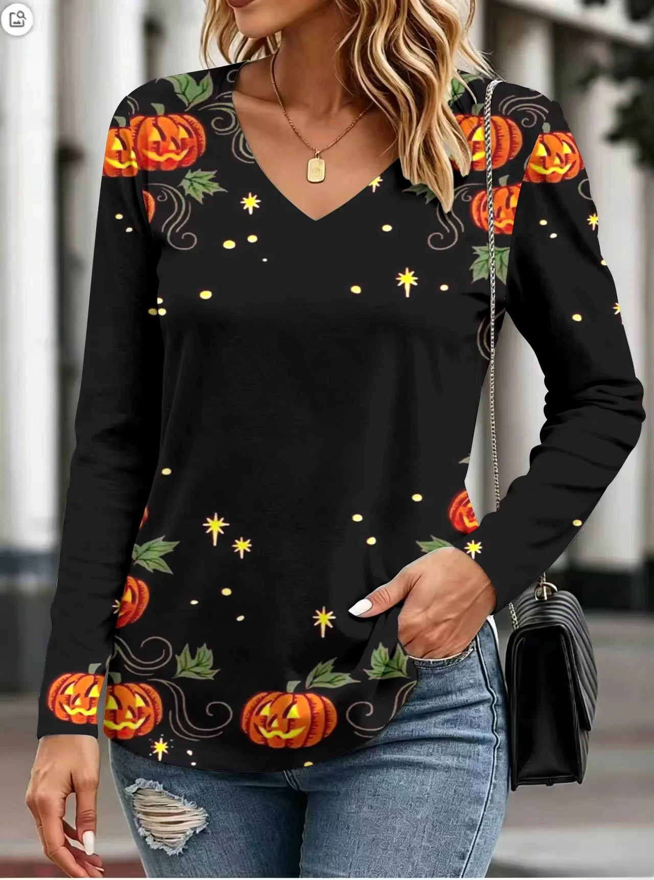 Women’s Casual Tops Street Style Halloween Pumpkin Head Funny 3D Print Women’s Loose V-Neck Long Sleeve T-Shirt Holiday T-Shirt 6 Women's Casual Tops Street Style Halloween Pumpkin Head Funny 3D Print Women's Loose V-Neck Long Sleeve T-Shirt Holiday T-Shirt 6