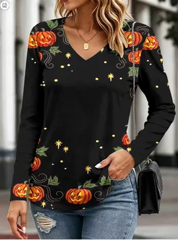 Women's Casual Tops Street Style Halloween Pumpkin Head Funny 3D Print Women's Loose V-Neck Long Sleeve T-Shirt Holiday T-Shirt 6 Women's Casual Tops Street Style Halloween Pumpkin Head Funny 3D Print Women's Loose V-Neck Long Sleeve T-Shirt Holiday T-Shirt 6