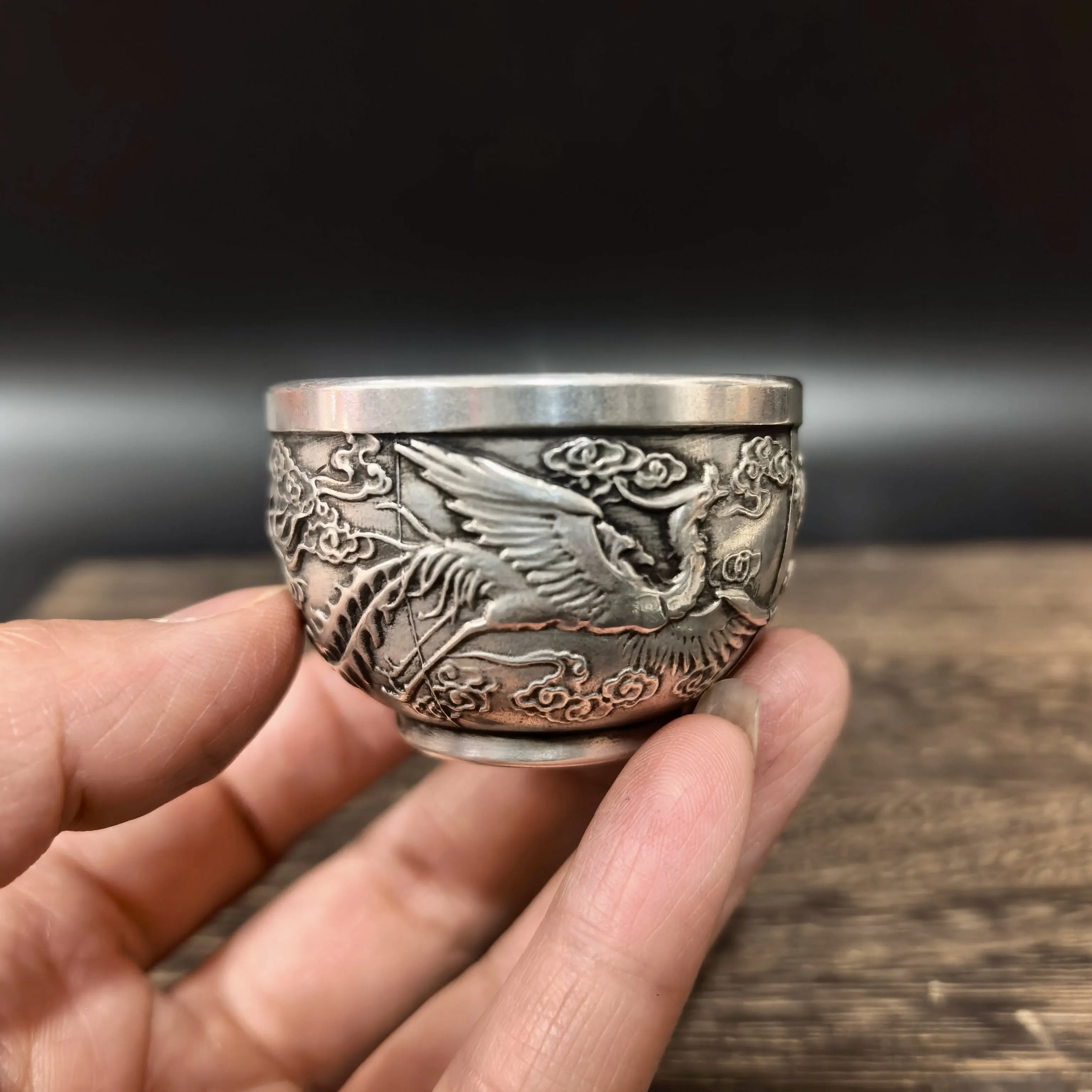 Collection of white copper silver-plated engraving dragon and phoenix copper cups, wine glasses, water cups, home tea ceremony e