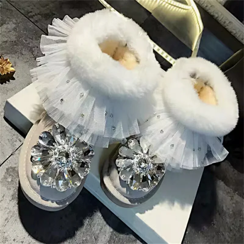 Rex Rabbit hair lotus lace oversized gem crystal snow boots handmade custom white fur one thickened women's cotton shoes 35-40