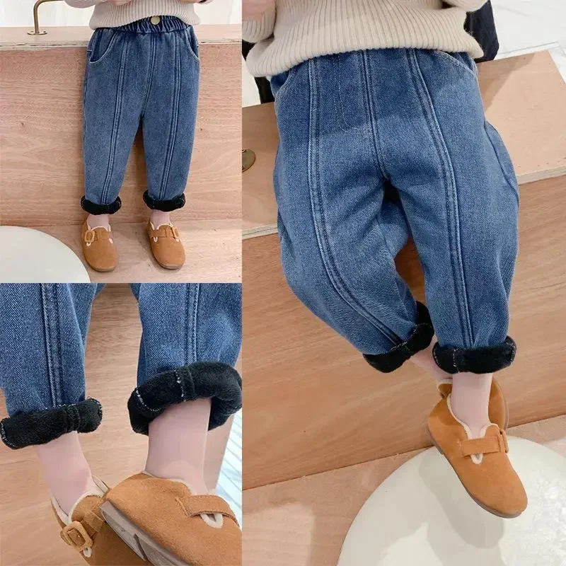 

Children clothing plush jeans loose fitting 2023 winter clothing new western-style warm pants for boys and girls baby pants