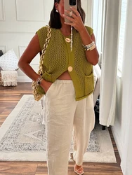 HH Women Autumn Fashion Sweater Tops Green O-Neck Sleeveless Pockets Single Breasted Female Casual Loose Knitted Tops