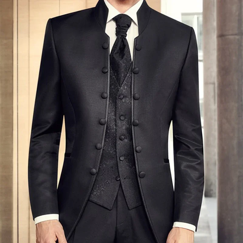 

Formal Men Suits With Stand Collar Double Breasted 3 Piece Tunic Groom Tuxedo For Wedding Party Black Male Fashion Costume 2024