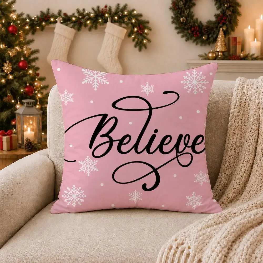 4PC Blush Pink Christmas Cushion Cover Plush Pillow Case Home Decor Sofa Double-Sided Print Living Room Festival Gift