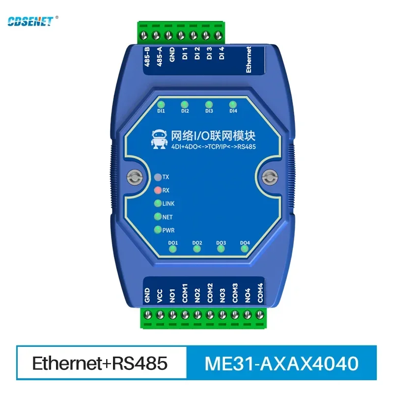 

RS485 RJ45 Ethernet I/O Networking Module 4DI 4DO TCP RTU Support Modbus Gateway DC 8-28V Rail Installation ME31-AXAX4040