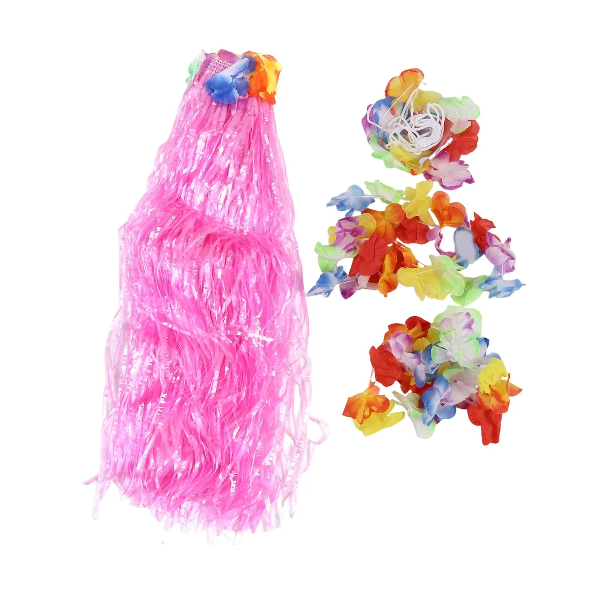 AOAO-6 Set Hawaiian Grass Skirt Flower Hula Lei Wristband Garland Fancy Dress Costume - Pink