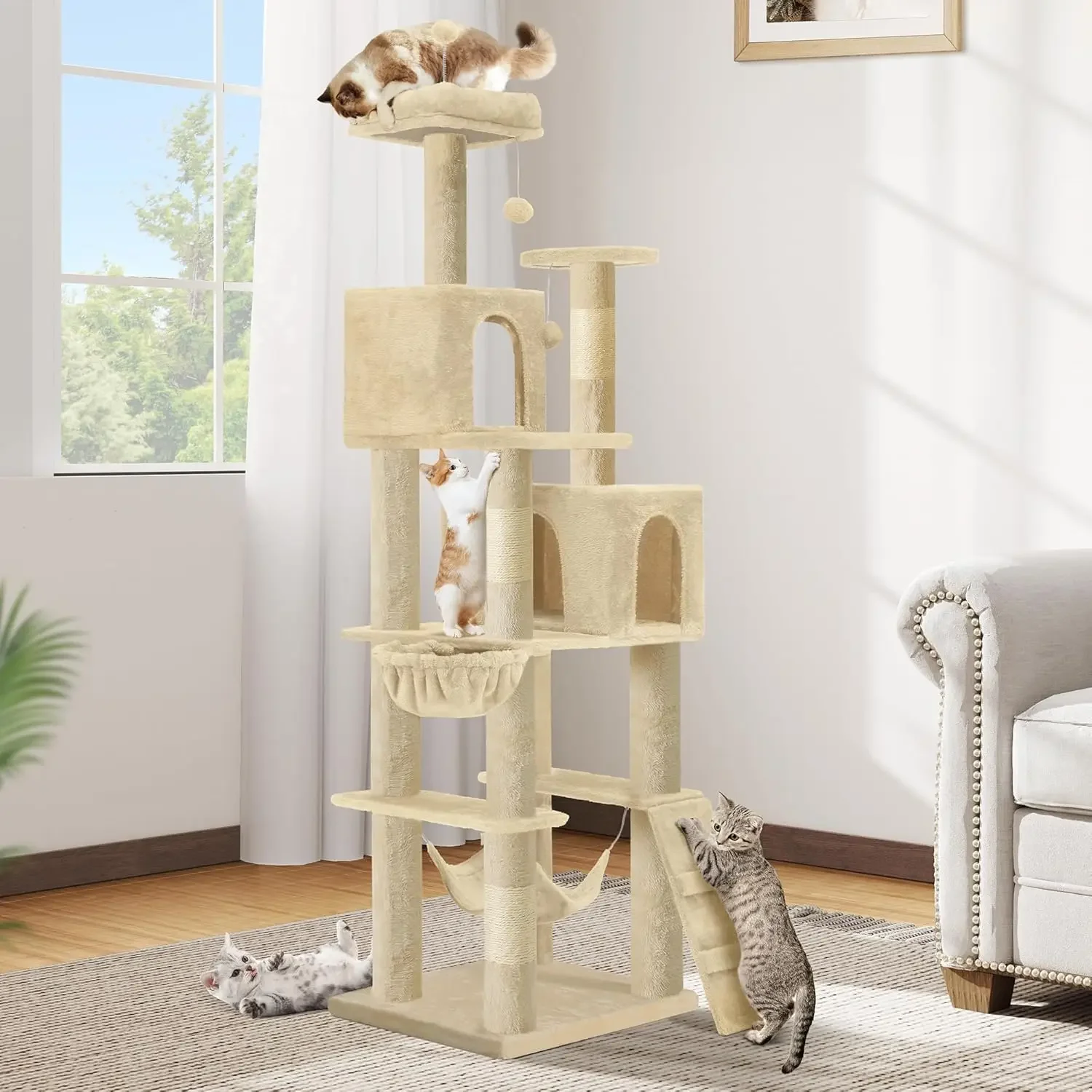 75-inch Indoor Cat Tree Tower, Multi-Level Pet Playground, Cat Furniture With Scratch Posts, Hideaway Condos, Soft Perch|