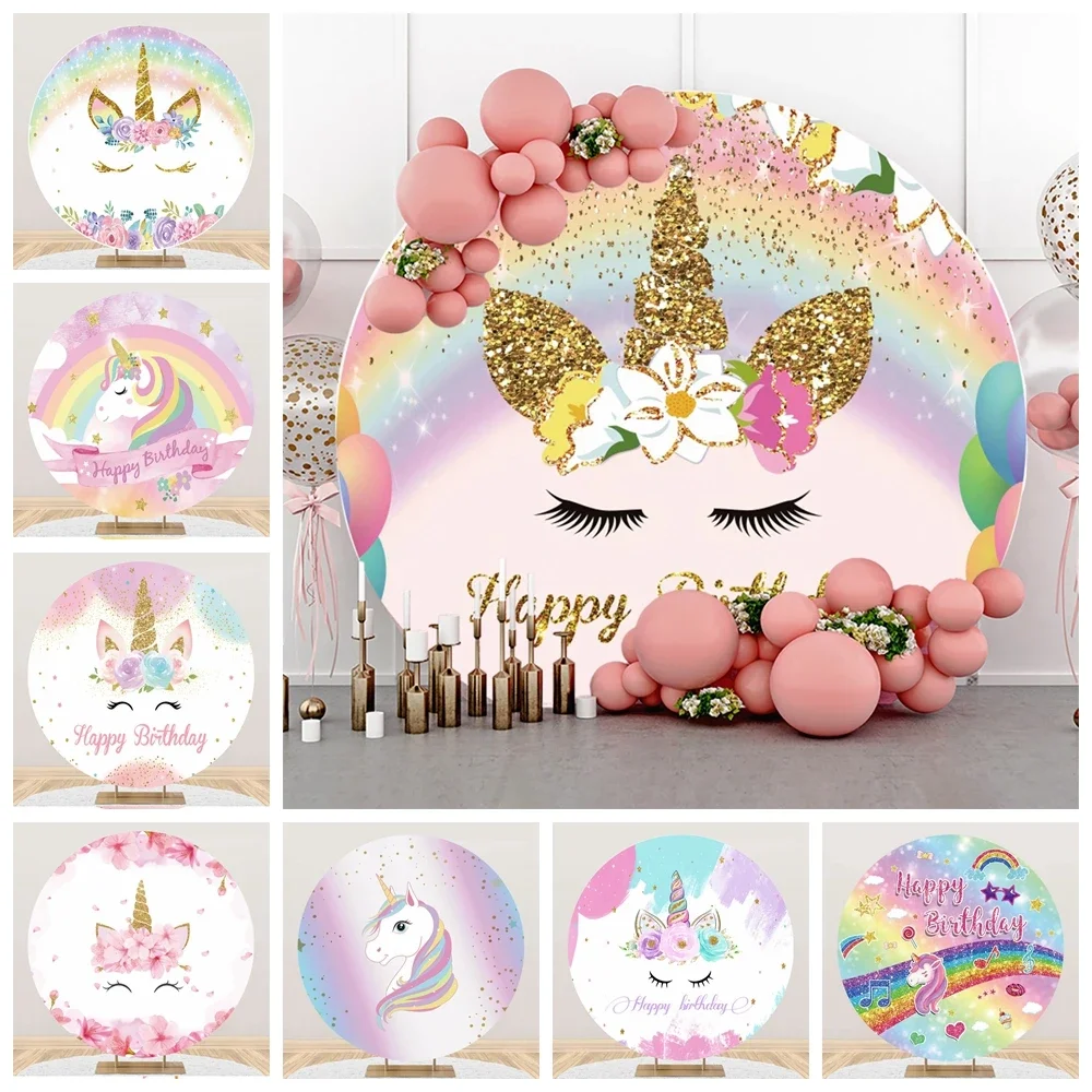 Tableclothsfactory Rainbow Unicorn Round Backdrop Gold Glitter Unicorn Floral Girls Baby Birthday Circle Cover For Photo Booth